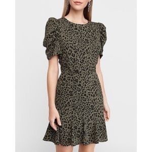 Express Leopard Print Puff Sleeve Fit and Flare Dress
